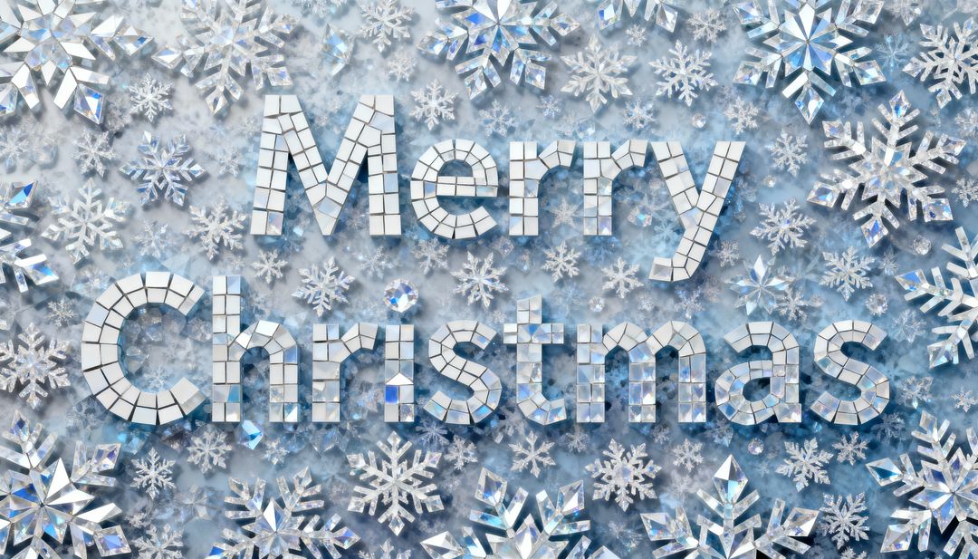 Mirrored Mosaic Merry Christmas Text with Sparkling Crystal Snowflakes on Icy Blue