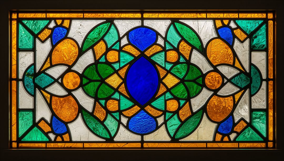 Colorful Stained Glass Panel Depicting Geometric Pattern Design