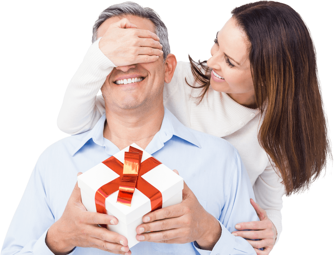 Wife Surprising Husband with Gift Box and Candid Laugh