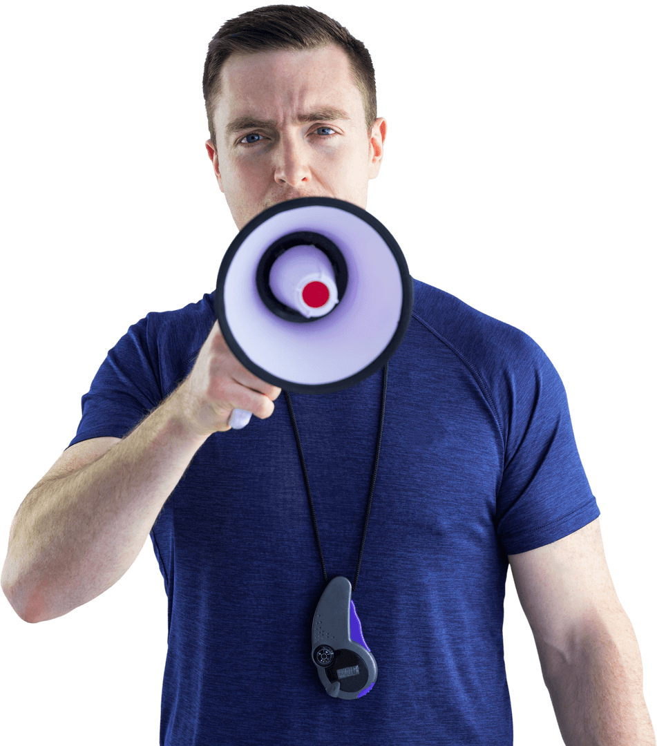 Transparent Male Trainer Holding Megaphone Pointing Forward