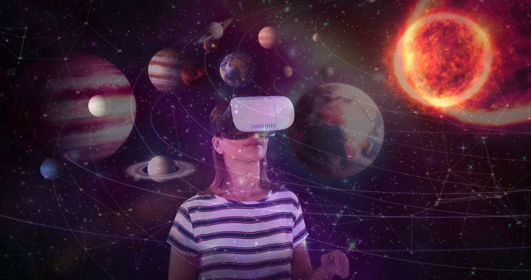 Woman Exploring Universe with Augmented Reality Headset