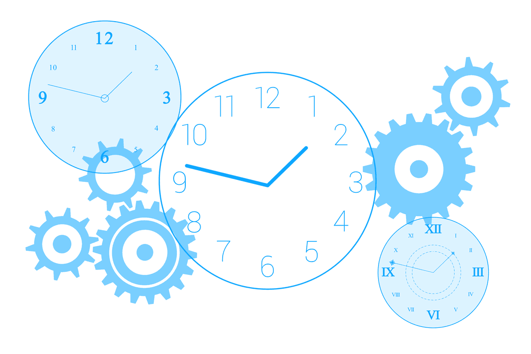 Transparent Clock and Cog Wheels on Blue Background
