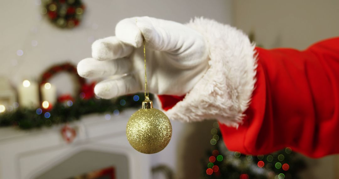 Santa Claus Hand Holding Golden Christmas Ornament - Free Images, Stock Photos and Pictures on Pikwizard.com