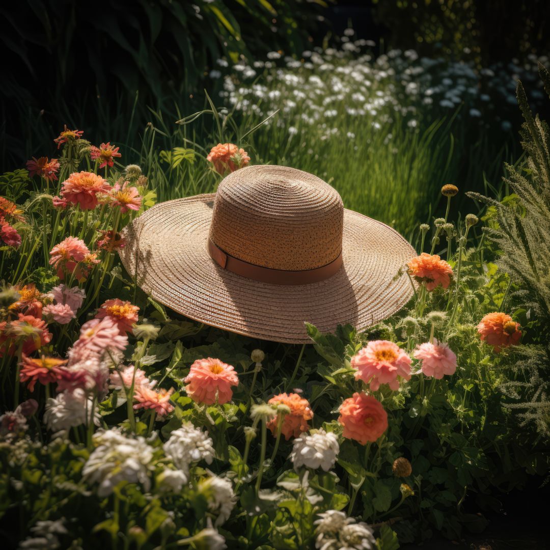 Close up of sunhat in grass and flowers on sunny day, created using generative ai technology - Free Images, Stock Photos and Pictures on Pikwizard.com