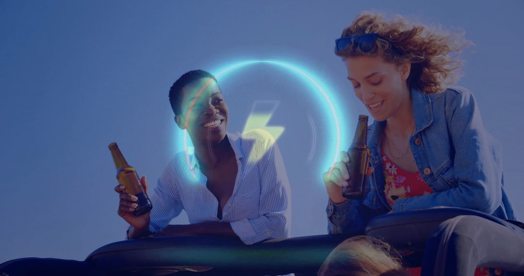 Happy Friends Enjoying Drive with Refreshments, Sunlit Day