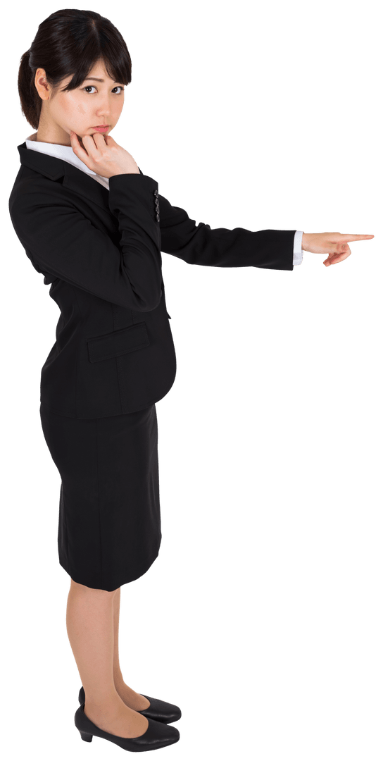 Insecure Asian Businesswoman Confidently Pointing on Transparent Background