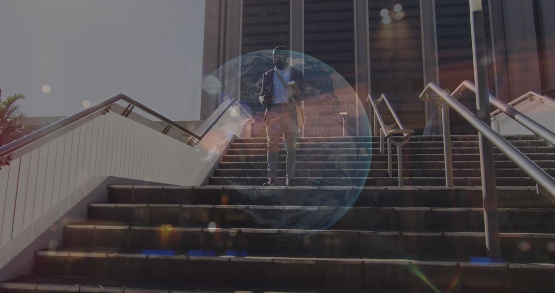 Businessman Engaged in Digital Data Analysis on Stairs