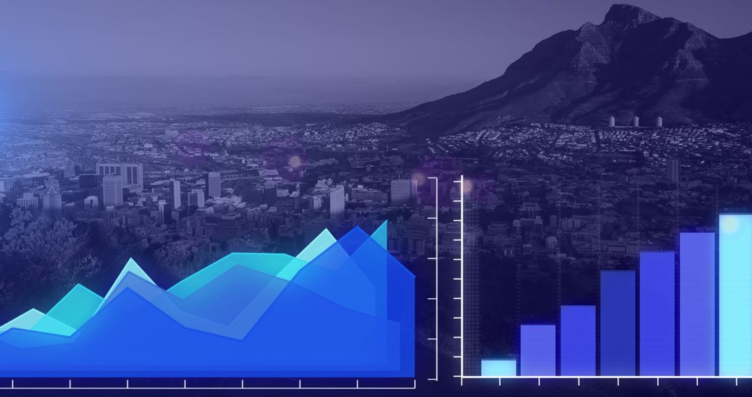 Statistical Data Overlay on Cityscape with Mountains