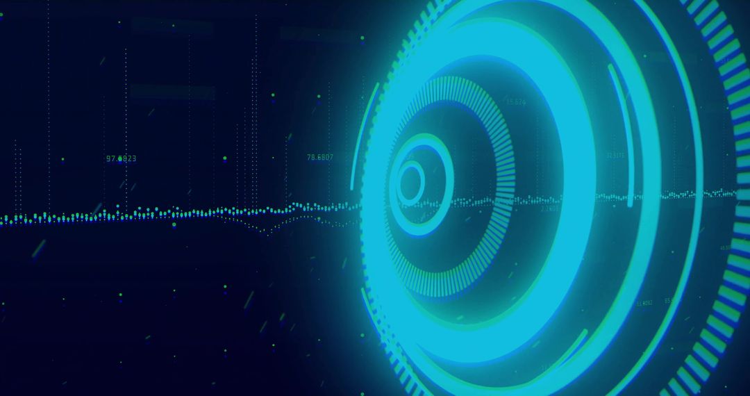 Futuristic Digital Interface with Concentric Blue Neon Circles and Data