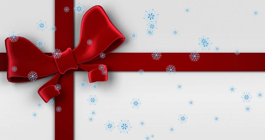 Festive Red Bow with Falling Snowflakes on White Background