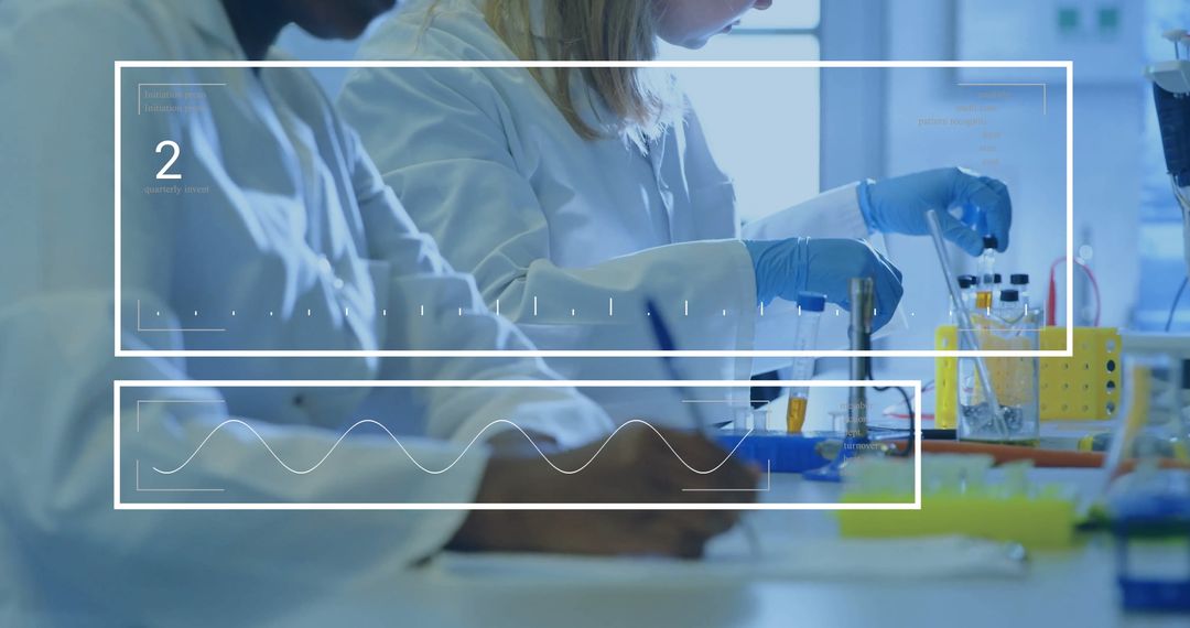 Scientists in Laboratory Analyzing Data with Technological Overlay