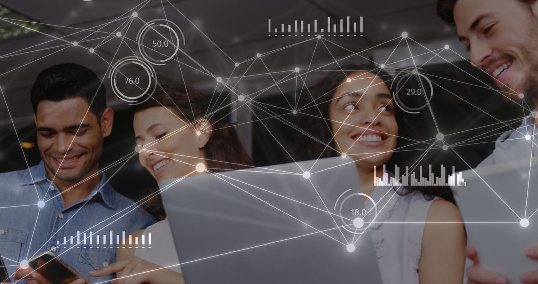 Diverse Professionals Engaged in Digital Networks and Data Analysis