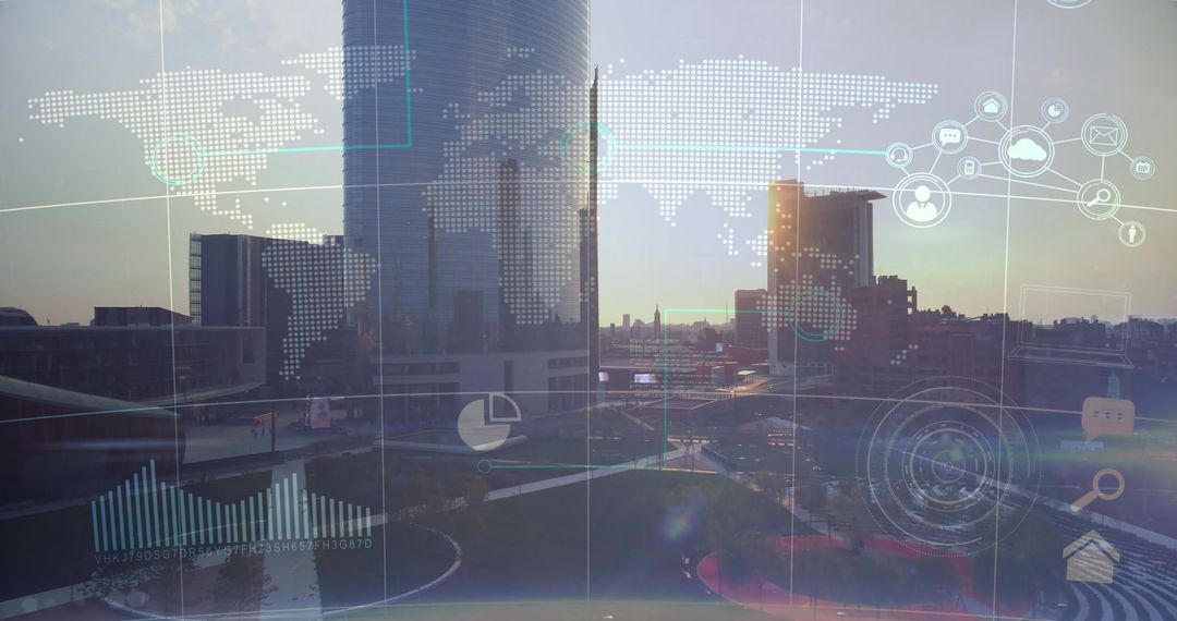 Modern Cityscape with Digital Network Interface Visual Overlay