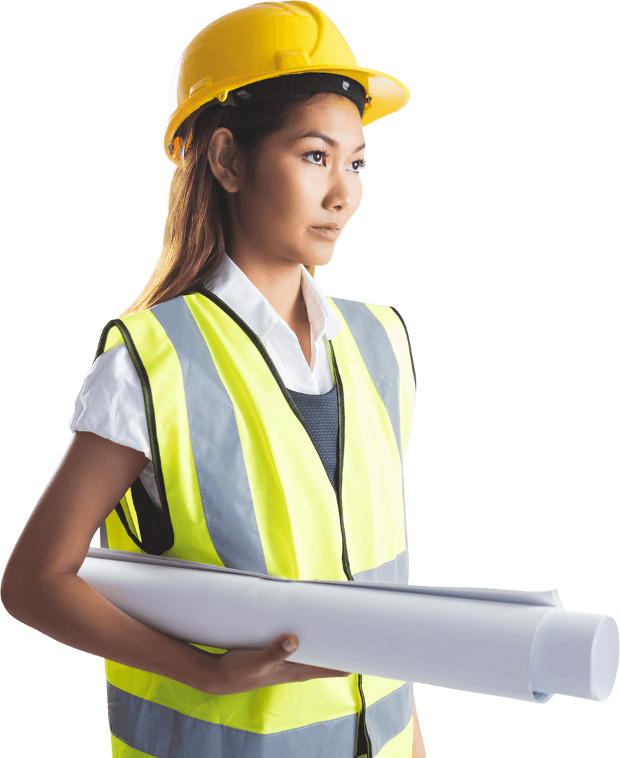Confident Female Engineer Holding Plans on Transparent Background