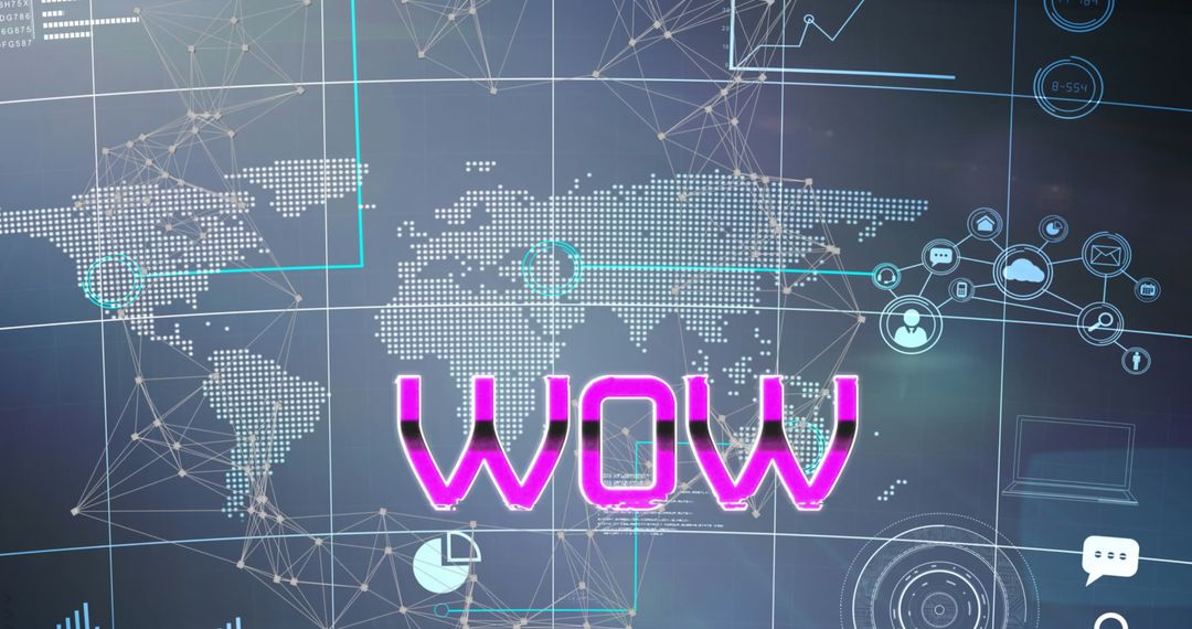 WOW Text Overlaying World Map with Digital Network