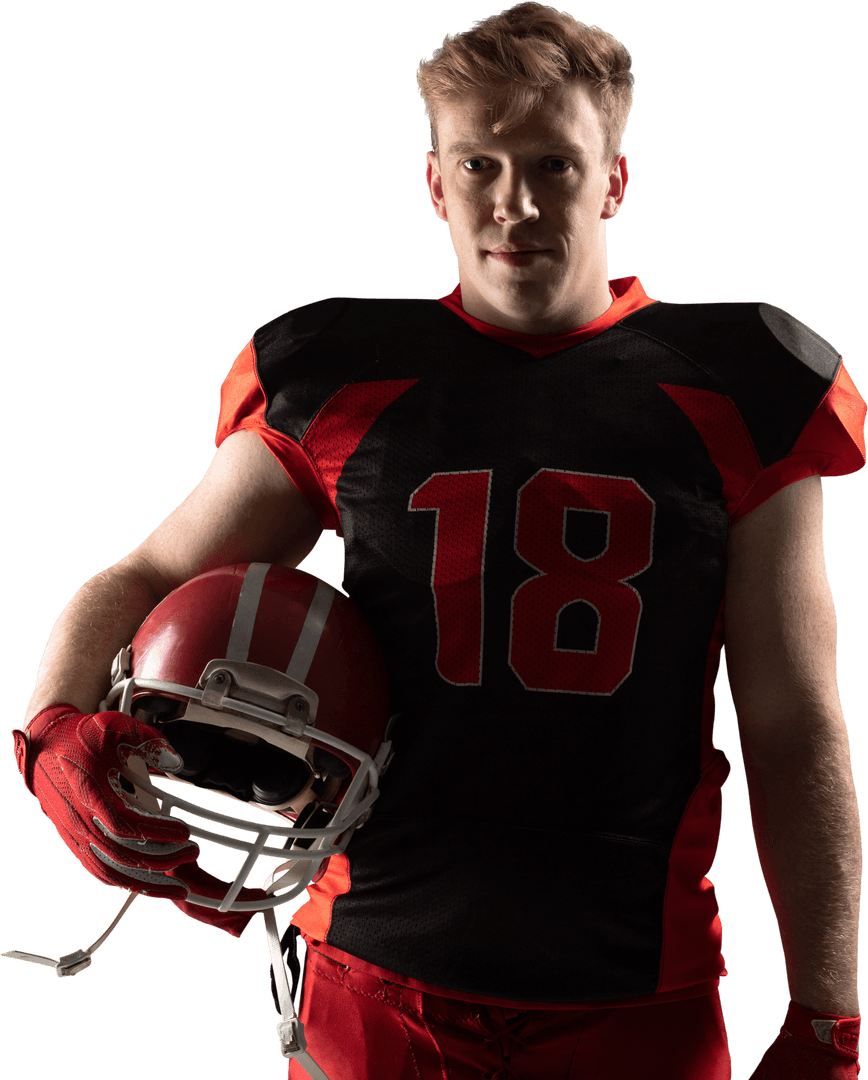 Caucasian American Football Player Holding Helmet on Transparent Background