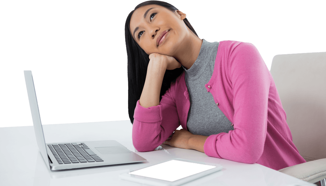 Transparent Woman Reflecting at Desk with Laptop