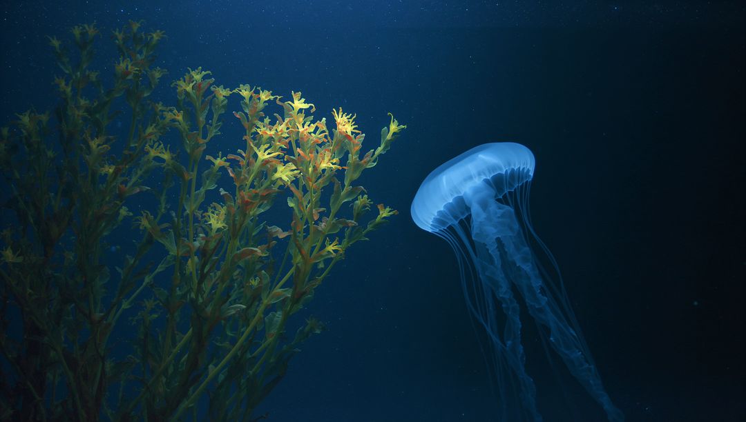 Bioluminescent Moon Jellyfish and Seaweed in Ocean Deep