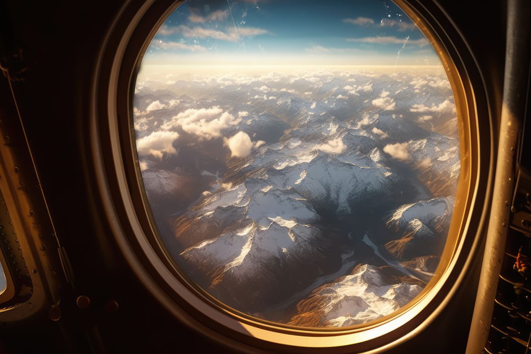 Aerial View Snow-Capped Mountain Peaks from Airplane Window at Sunrise - Free Images, Stock Photos and Pictures on Pikwizard.com