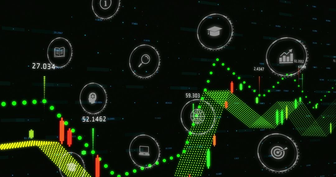 Digital Trading Dashboard with Candlesticks and Analytics Symbols