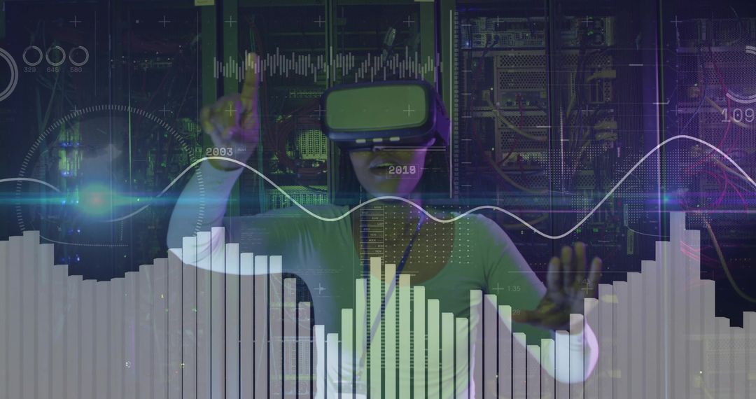 Woman Using VR Technology for Data Analysis in High-Tech Server Room
