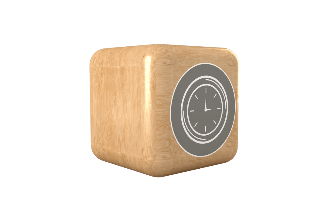Transparent Clock Icon on Brown Wooden Cube