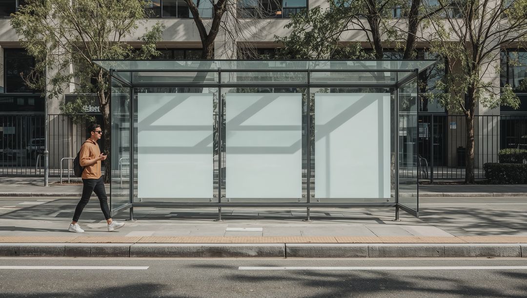 Asian Man Using Smartphone on Modern Urban Sidewalk by Bus Shelter