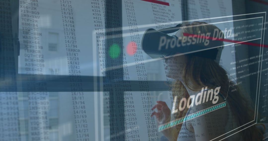 Woman Using VR Headset with Data Processing Overlay