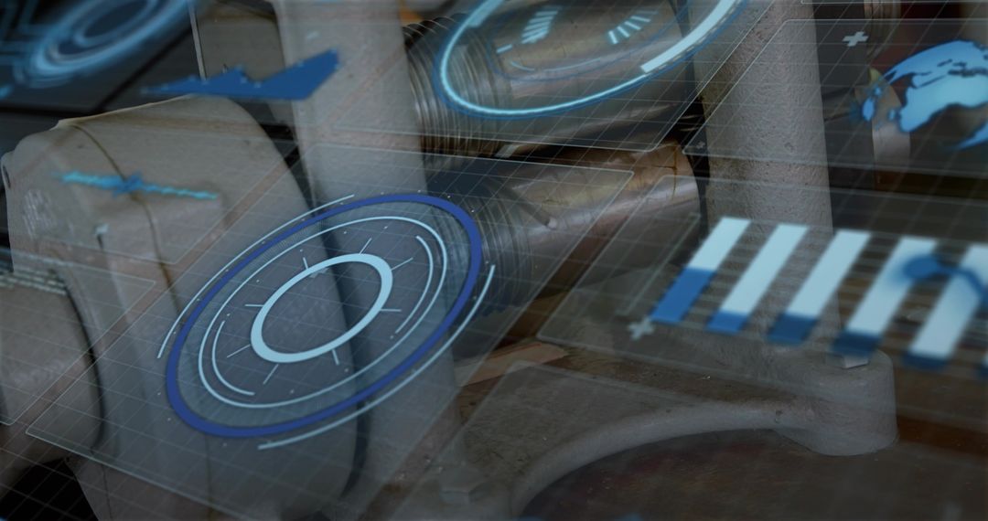 Augmented reality diagnostics overlaying industrial metal assembly with HUD overlays