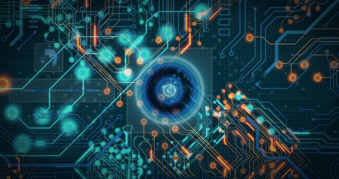 Futuristic Circuit Board with Glowing Connections and Digital Nodes