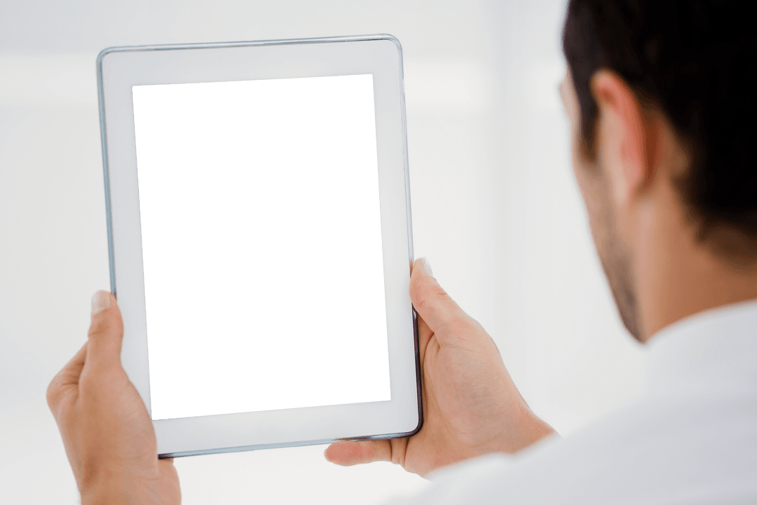 Transparent Screen Tablet Held by Businessman in Office