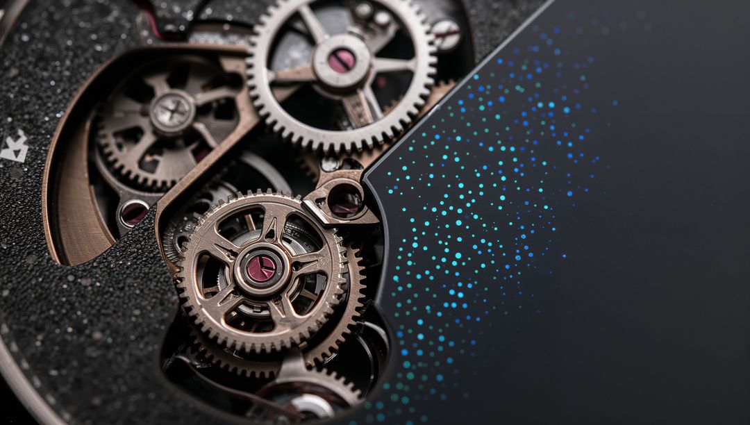 Macro watch movement revealing interlocking gears jeweled bearings and textured dial edge