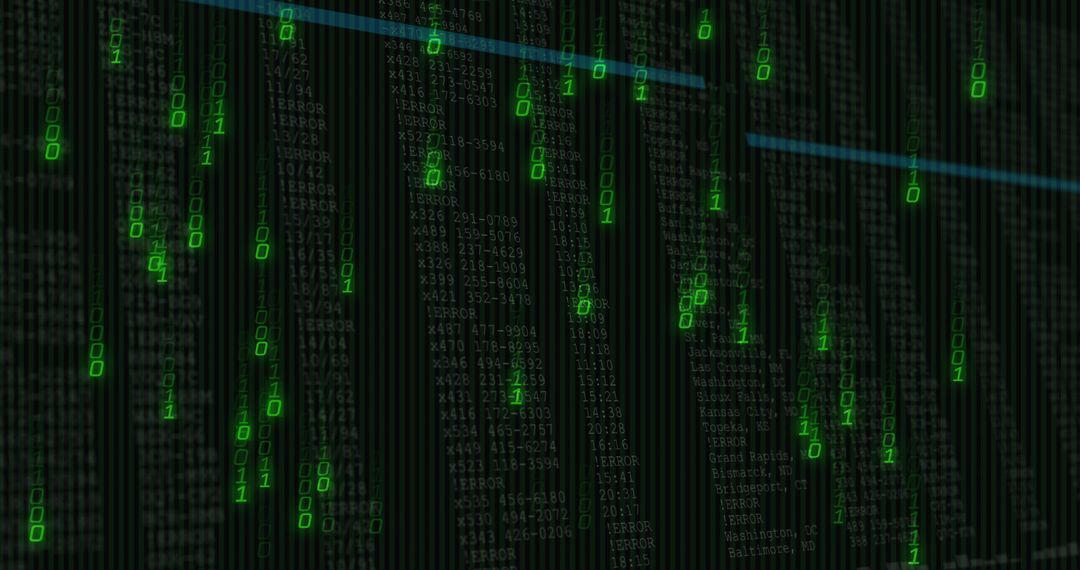Neon Green Binary Rain Streaming Over Terminal Code Columns for Cyber Data Visualization