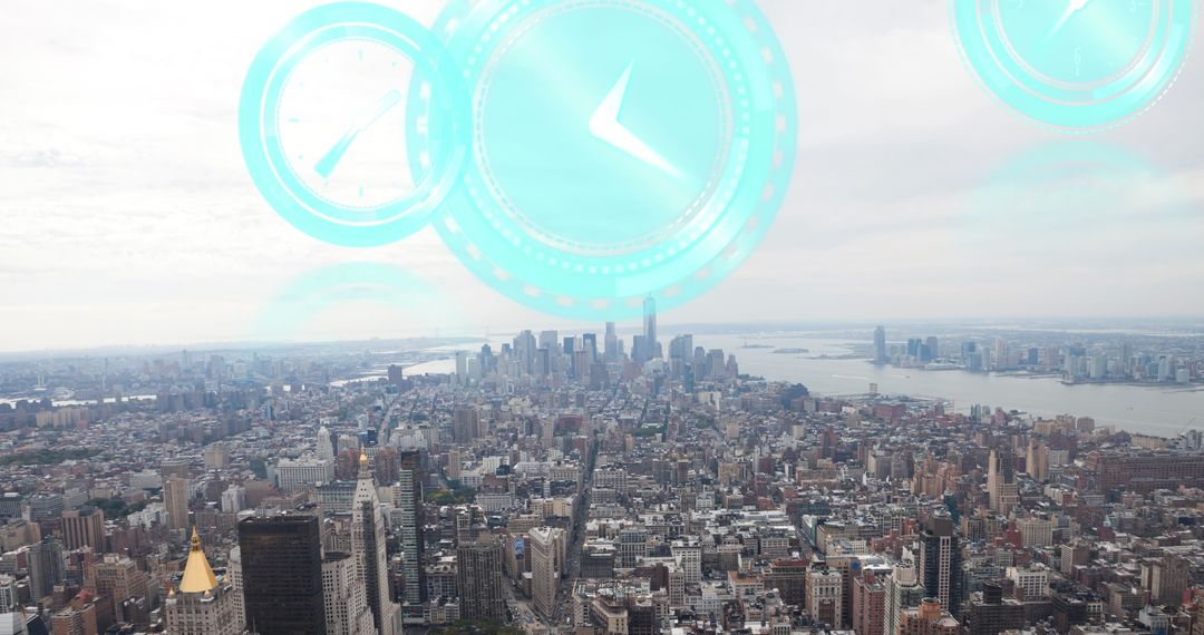 Futuristic Clock Icons Over Urban Cityscape
