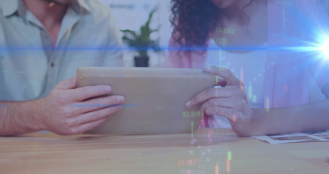 Team Analyzing Data on Digital Tablet with Futuristic Overlay