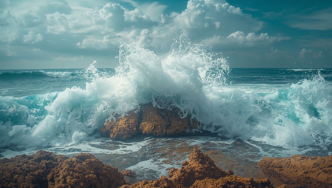 Majestic Waves Crashing Against Rocky Seaside on Vibrant Day