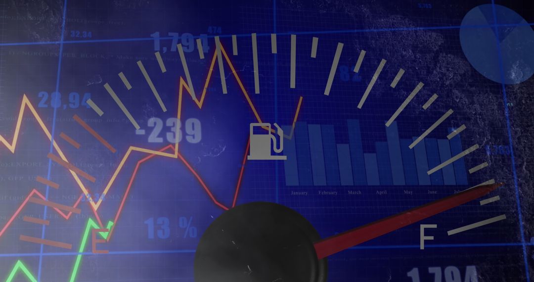 Fuel Gauge Overlay on Financial Data Screens Displaying Economic Trends