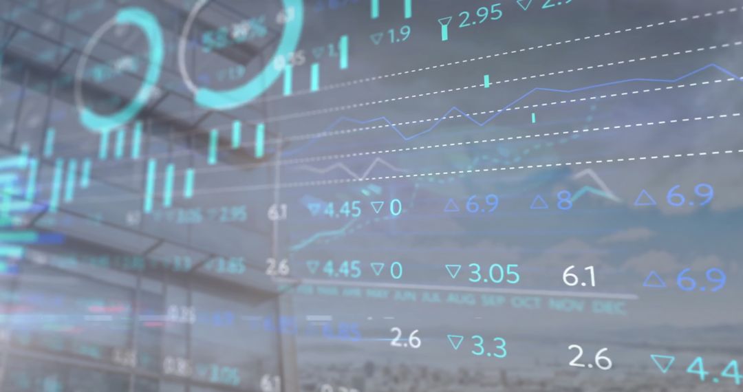 Financial Data Overlay on Modern Office Building Represents Global Business Analysis