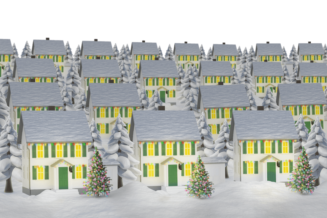 Winter Cottages Illustration with Snowy Landscape Transparent Background