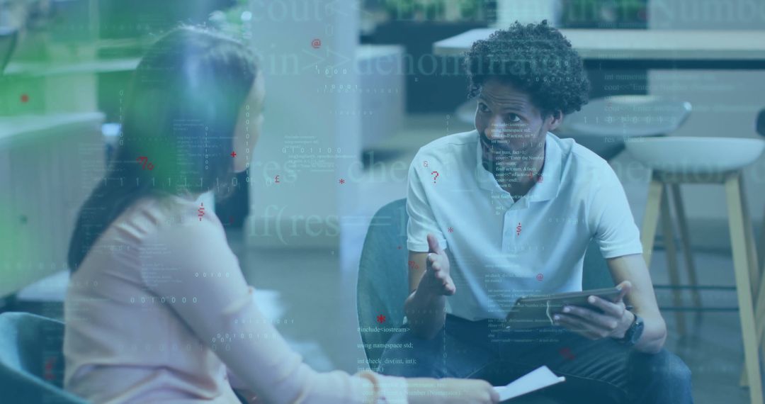 Business Professionals Discussing in Modern Office with Digital Overlay