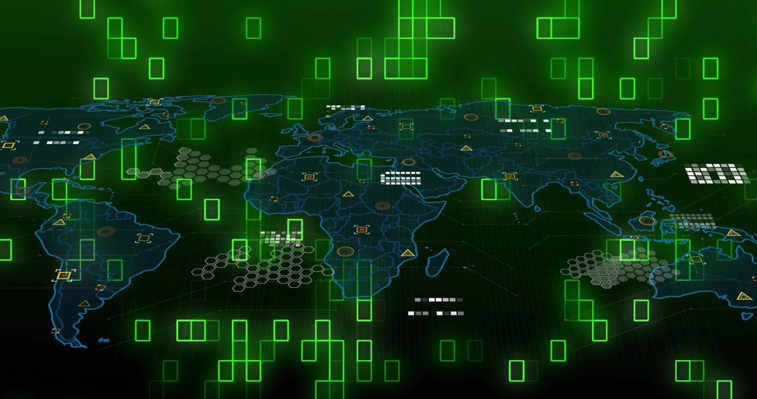 Futuristic Digital World Map with Neon Data Interface