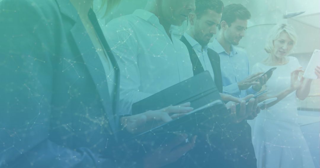 Connected Business Professionals Using Electronic Devices with Digital Network Overlay