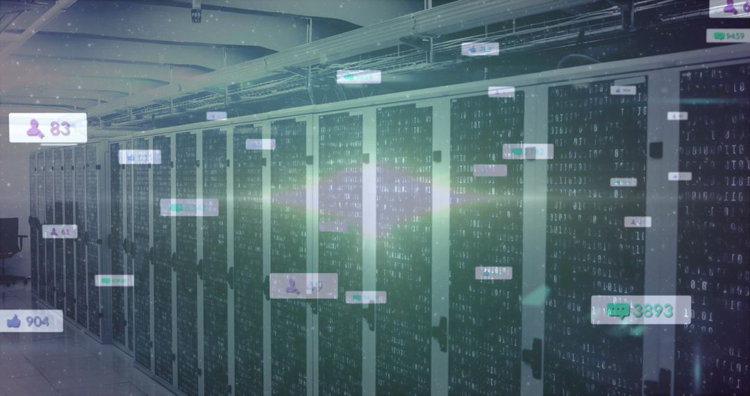 Data Center Aisle With Binary Code Overlays
