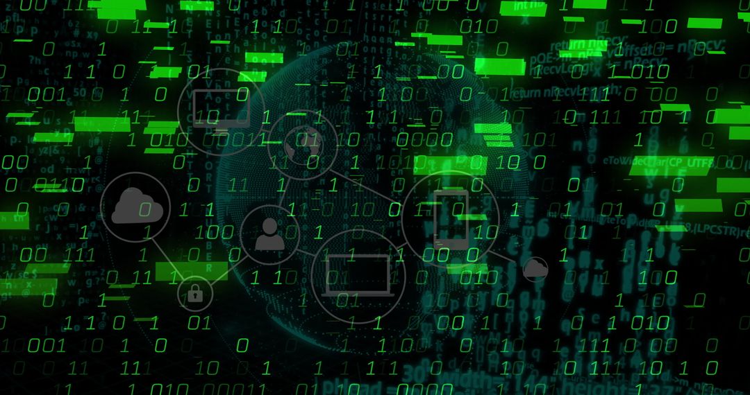 Binary Code Streams in Cyberspace with Globe and Digital Icons