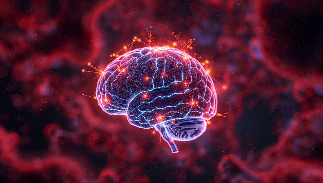 Digital Brain Model with Glowing Connections in Abstract Space