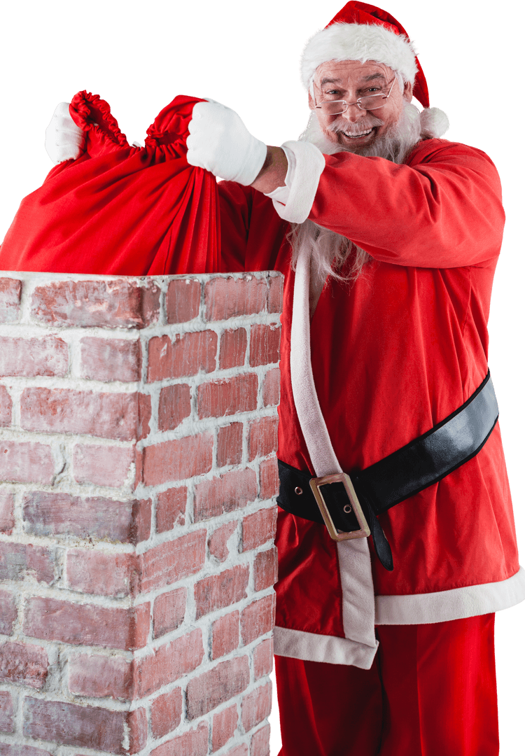 Transparent Santa Claus Putting Sack into Chimney Festive Scene
