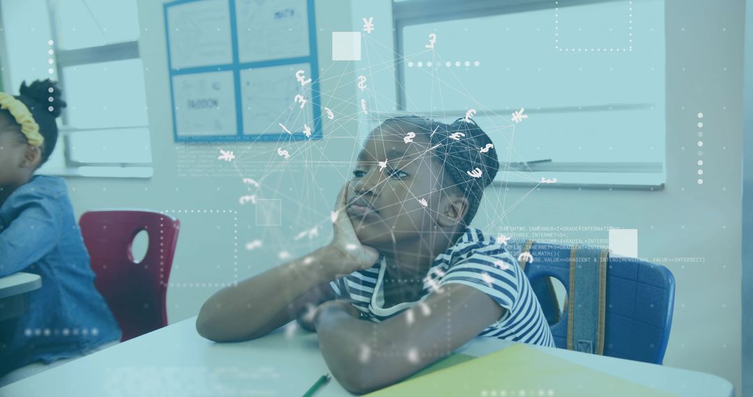 Pensive Student in Classroom with Digital Learning Graphics
