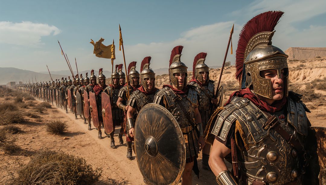 Roman Legionnaires Marching Through Desert with Plumed Helmets Shields and Banners