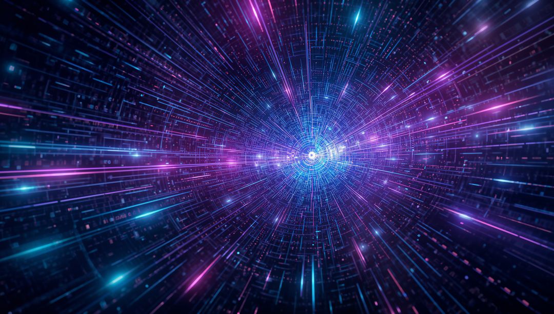 Futuristic Digital Tunnel with Converging Neon Lines and Glowing Particles