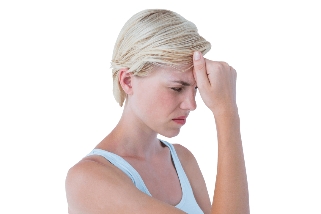 Transparent Background Woman Holding Forehead in Discomfort